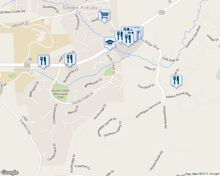map of restaurants, bars, coffee shops, grocery stores, and more near 399 Georgetown Ct in Seven Fields