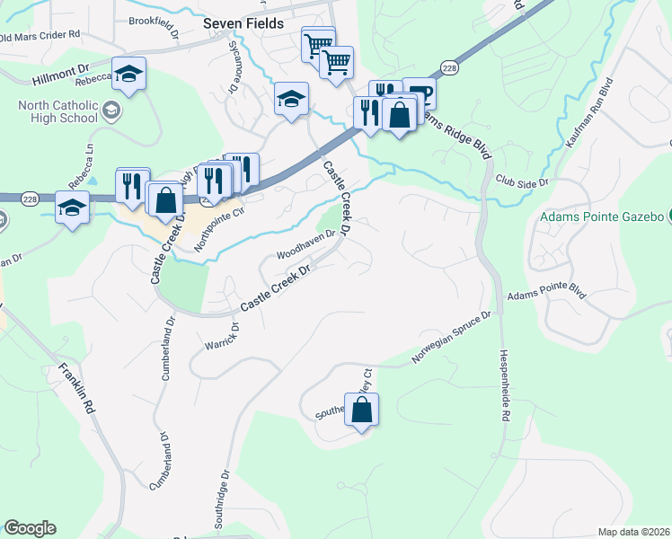 map of restaurants, bars, coffee shops, grocery stores, and more near 399 Georgetown Court in Seven Fields