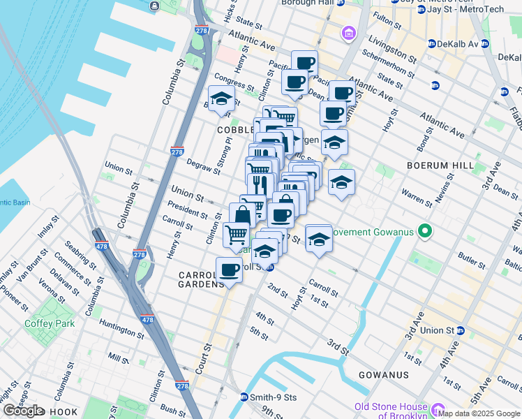 map of restaurants, bars, coffee shops, grocery stores, and more near 313 Sackett Street in Brooklyn