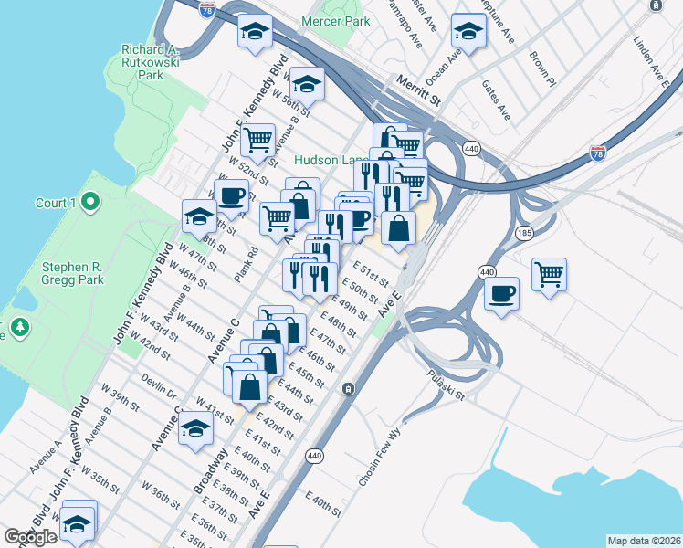 map of restaurants, bars, coffee shops, grocery stores, and more near 1030 Broadway in Bayonne