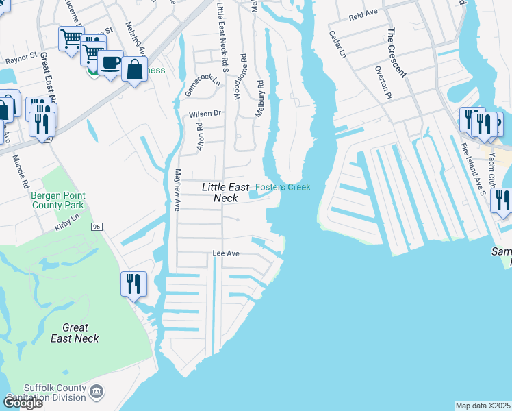 map of restaurants, bars, coffee shops, grocery stores, and more near 24 Kittiwake Lane in Babylon