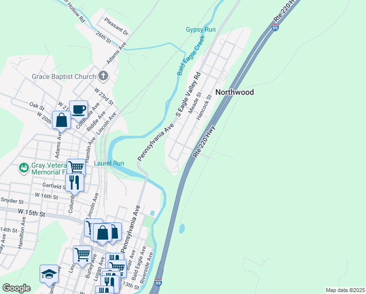 map of restaurants, bars, coffee shops, grocery stores, and more near 205 McCoy Street in Tyrone
