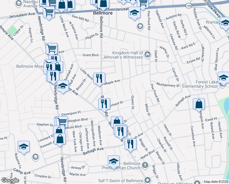 map of restaurants, bars, coffee shops, grocery stores, and more near 1551 Scriven Avenue in North Bellmore