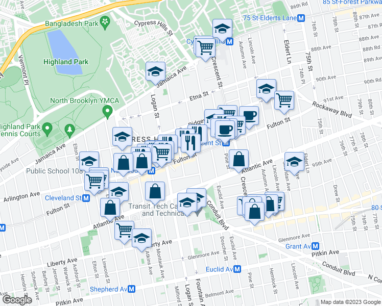 map of restaurants, bars, coffee shops, grocery stores, and more near 3237 Fulton Street in Brooklyn
