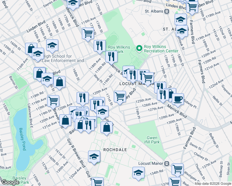 map of restaurants, bars, coffee shops, grocery stores, and more near in Queens