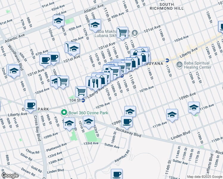 map of restaurants, bars, coffee shops, grocery stores, and more near 104-25 108th Street in Queens
