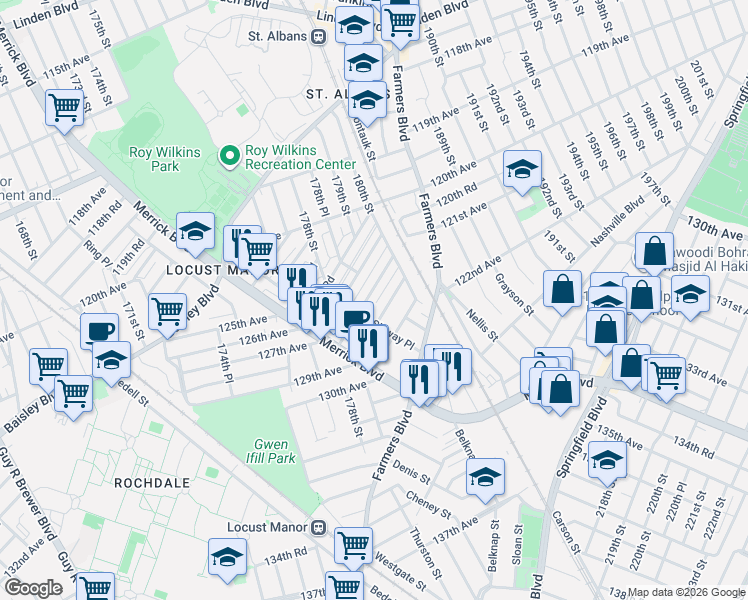 map of restaurants, bars, coffee shops, grocery stores, and more near 179-37 Zoller Road in Queens