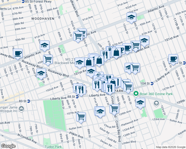 map of restaurants, bars, coffee shops, grocery stores, and more near 10123 92nd Street in Queens