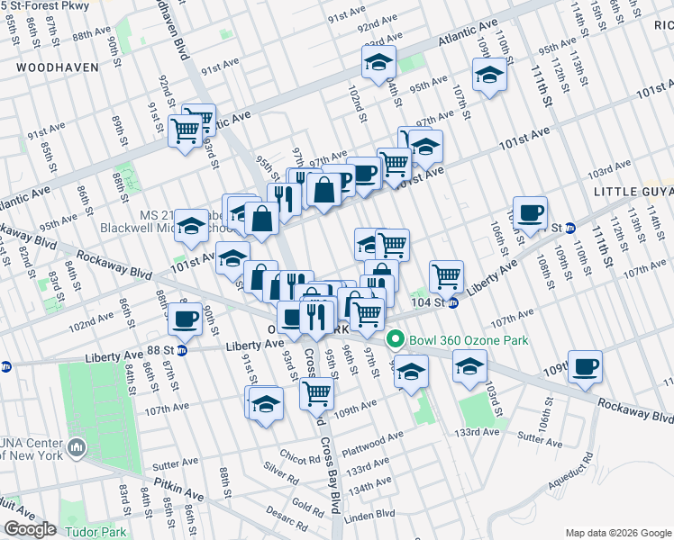 map of restaurants, bars, coffee shops, grocery stores, and more near 97th Street in Queens
