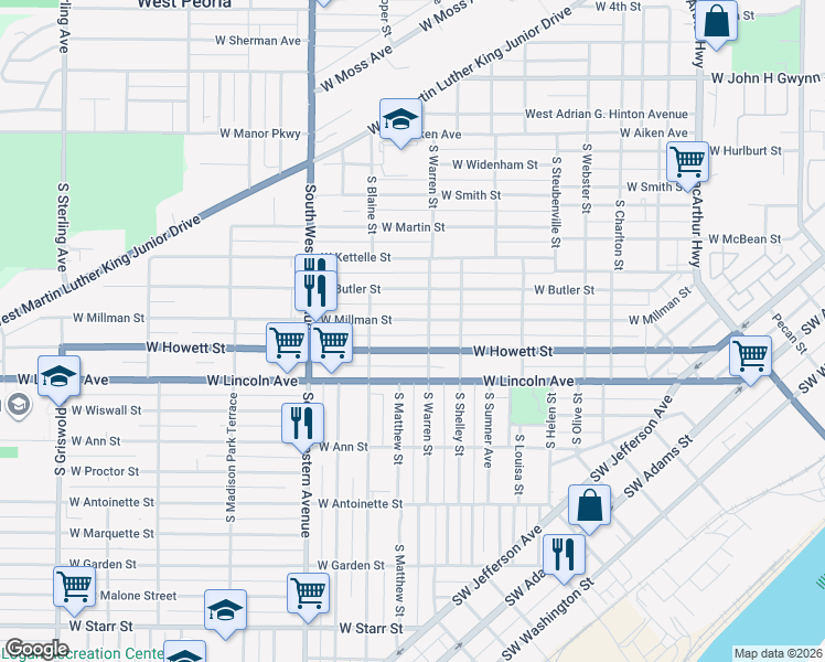 map of restaurants, bars, coffee shops, grocery stores, and more near 1610 West Millman Street in Peoria