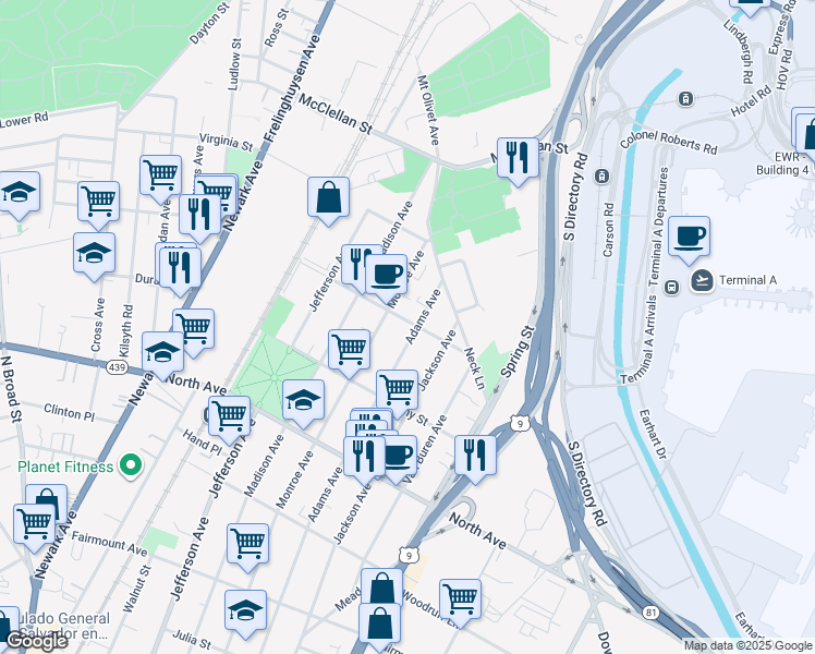 map of restaurants, bars, coffee shops, grocery stores, and more near 959 Monroe Avenue in Elizabeth