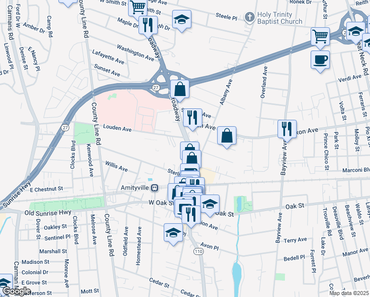 map of restaurants, bars, coffee shops, grocery stores, and more near 333 New York 110 in Amityville