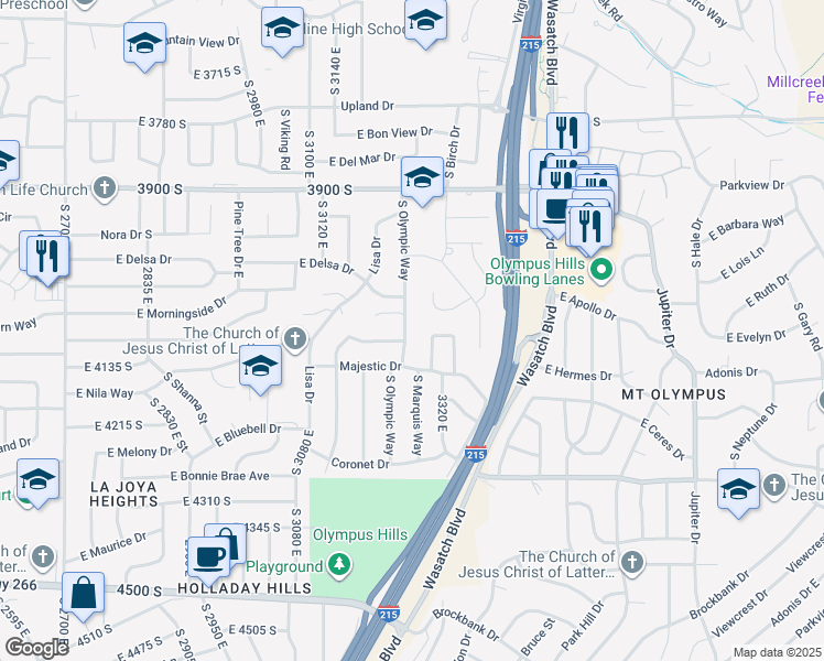 map of restaurants, bars, coffee shops, grocery stores, and more near 4085 South Olympic Way in Salt Lake City