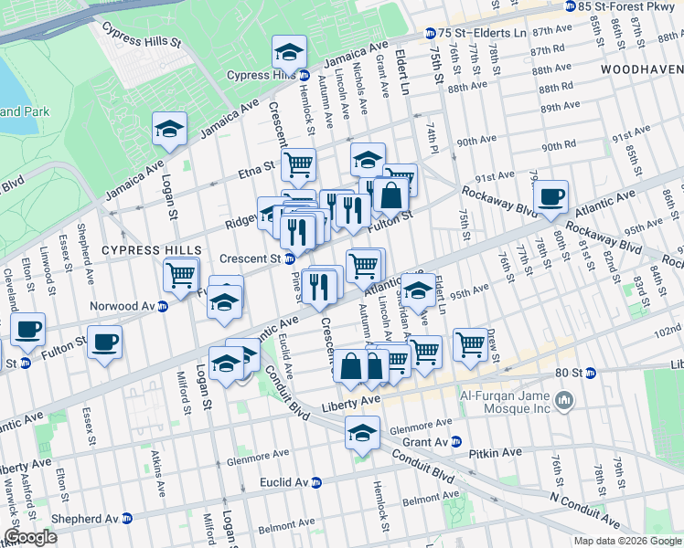 map of restaurants, bars, coffee shops, grocery stores, and more near 285 Hemlock Street in Brooklyn