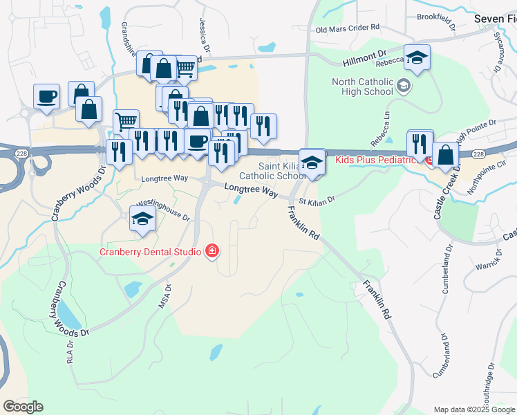 map of restaurants, bars, coffee shops, grocery stores, and more near 3020 Fairport Lane in Cranberry Township