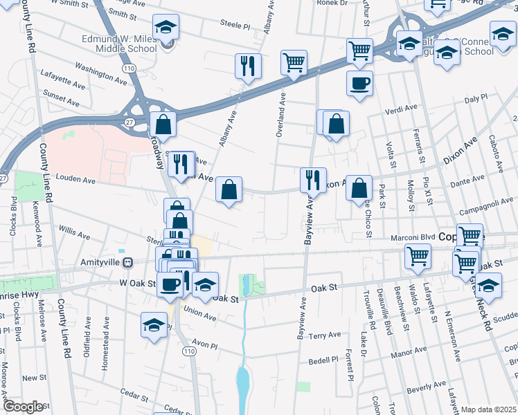 map of restaurants, bars, coffee shops, grocery stores, and more near 18 West Ranick Drive in Amityville