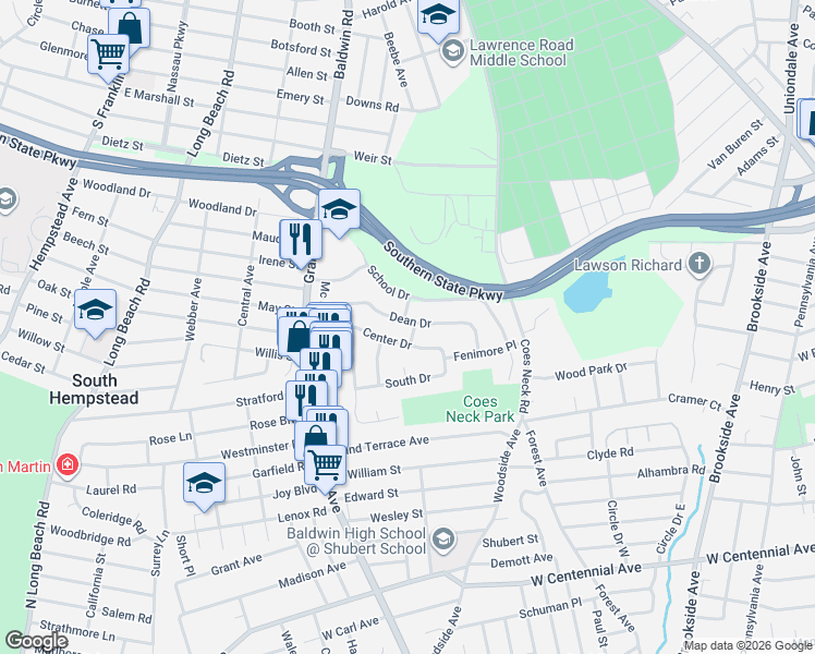 map of restaurants, bars, coffee shops, grocery stores, and more near 800 Dean Drive in Baldwin