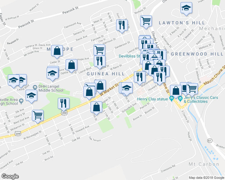 map of restaurants, bars, coffee shops, grocery stores, and more near 803 West Market Street in Pottsville
