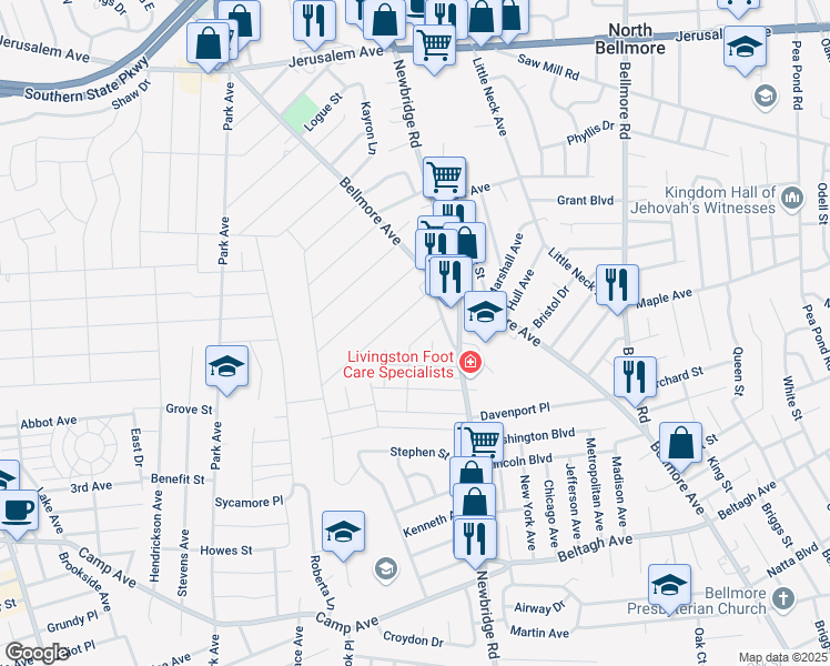 map of restaurants, bars, coffee shops, grocery stores, and more near 1749 Eyre Place in North Bellmore