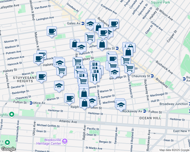 map of restaurants, bars, coffee shops, grocery stores, and more near 160 Howard Avenue in Brooklyn