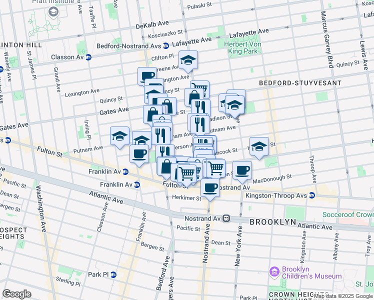 map of restaurants, bars, coffee shops, grocery stores, and more near 156 Jefferson Avenue in Brooklyn