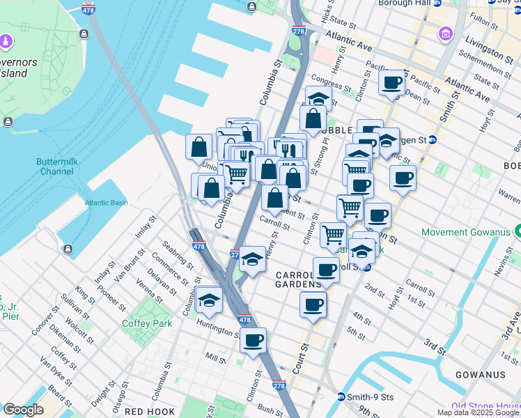 map of restaurants, bars, coffee shops, grocery stores, and more near 152 President Street in Brooklyn
