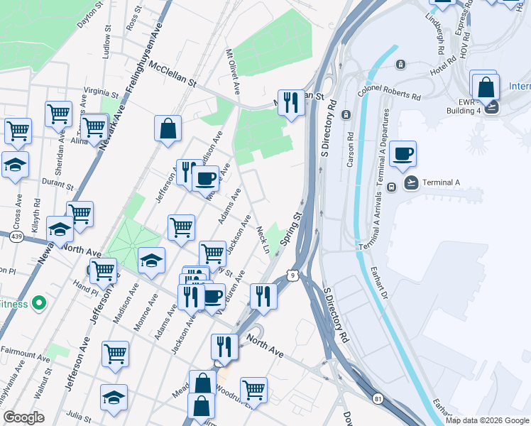map of restaurants, bars, coffee shops, grocery stores, and more near 10 Coakley Circle in Elizabeth