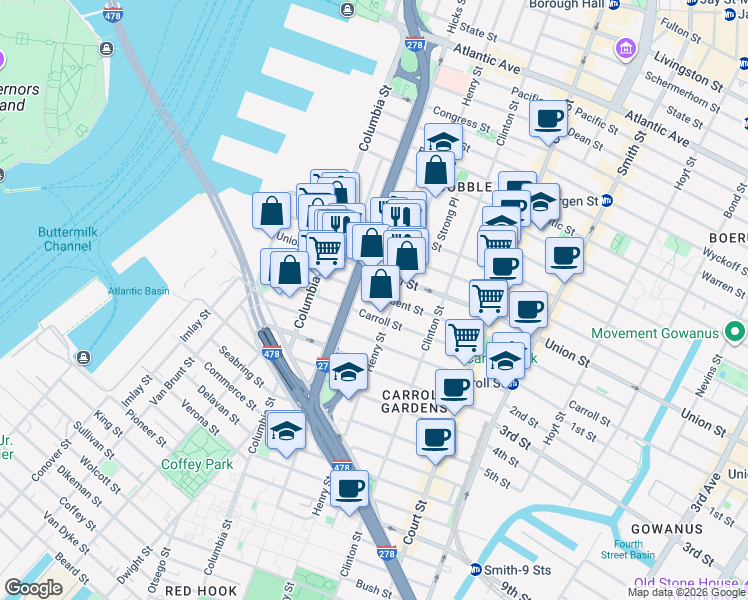 map of restaurants, bars, coffee shops, grocery stores, and more near 152 President Street in Brooklyn