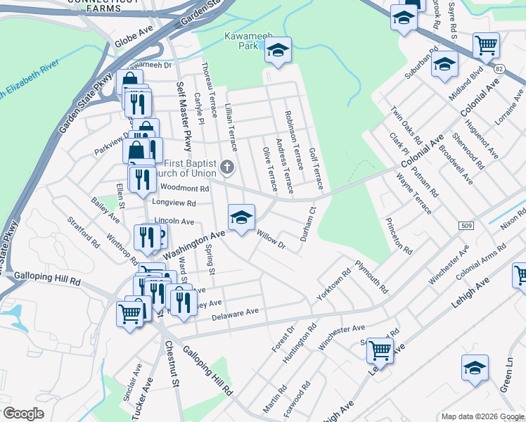 map of restaurants, bars, coffee shops, grocery stores, and more near 360 Washington Avenue in Union