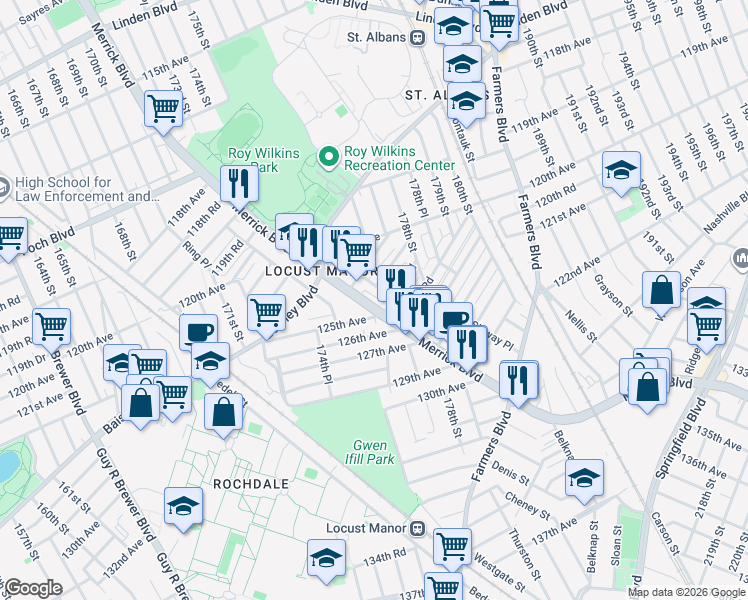map of restaurants, bars, coffee shops, grocery stores, and more near 123-27 Merrick Boulevard in Queens