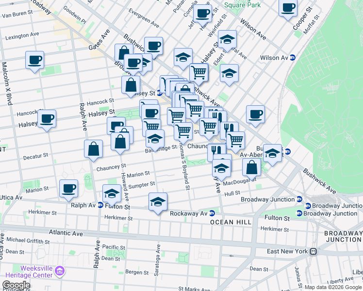 map of restaurants, bars, coffee shops, grocery stores, and more near Thomas S Boyland St & Bainbridge St in Brooklyn