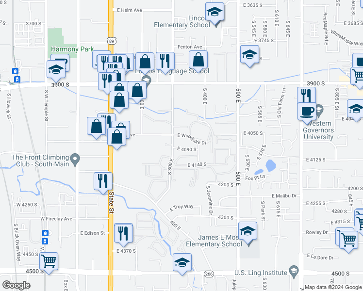 map of restaurants, bars, coffee shops, grocery stores, and more near 325 E 4090 S in Murray