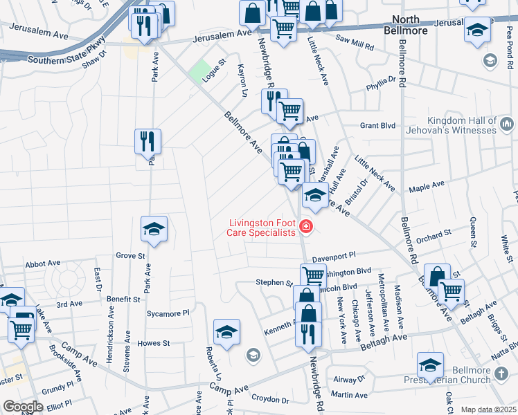 map of restaurants, bars, coffee shops, grocery stores, and more near 1749 Eyre Place in North Bellmore