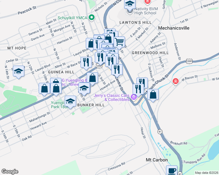 map of restaurants, bars, coffee shops, grocery stores, and more near 221 Howard Avenue in Pottsville