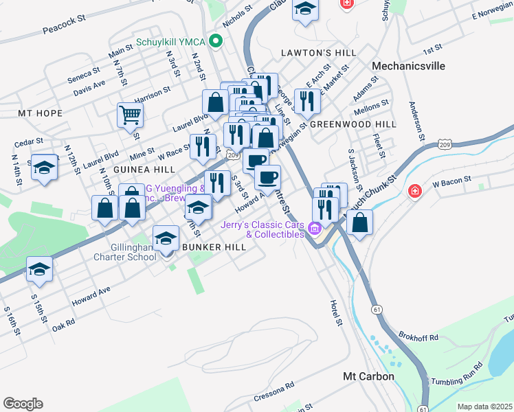 map of restaurants, bars, coffee shops, grocery stores, and more near 214 Schuylkill Avenue in Pottsville