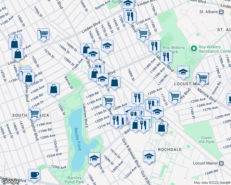map of restaurants, bars, coffee shops, grocery stores, and more near 119-02 165th Street in Queens