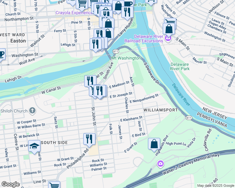 map of restaurants, bars, coffee shops, grocery stores, and more near 148 East Saint Joseph Street in Easton