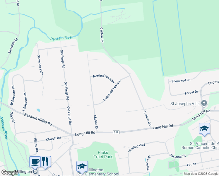 map of restaurants, bars, coffee shops, grocery stores, and more near 76 Dogwood Terrace in Long Hill