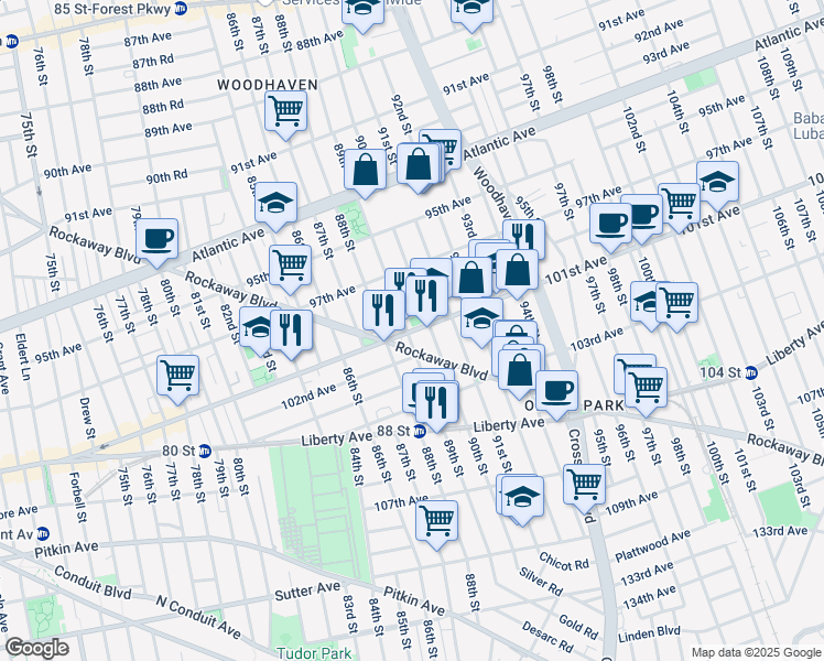 map of restaurants, bars, coffee shops, grocery stores, and more near 89-3 101st Avenue in Queens