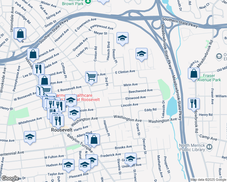 map of restaurants, bars, coffee shops, grocery stores, and more near 107 Willett Place in Roosevelt