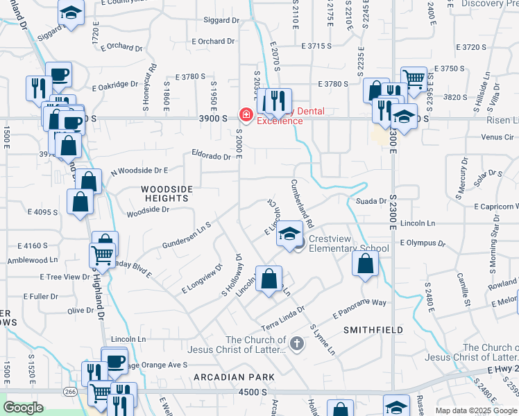 map of restaurants, bars, coffee shops, grocery stores, and more near 2010 East Lincoln Circle in Holladay