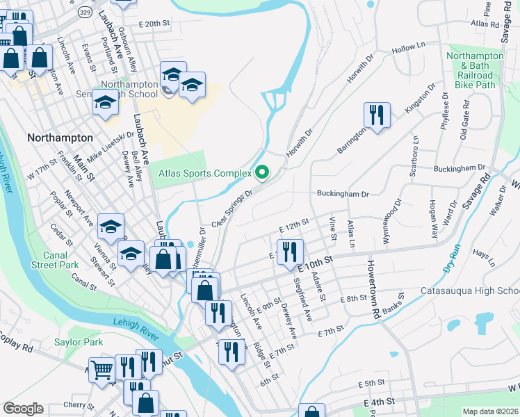 map of restaurants, bars, coffee shops, grocery stores, and more near 406 Buckingham Dr in Northampton