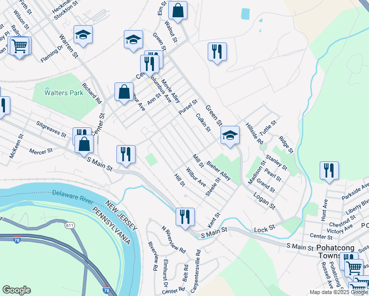map of restaurants, bars, coffee shops, grocery stores, and more near 842 Mill Street in Phillipsburg