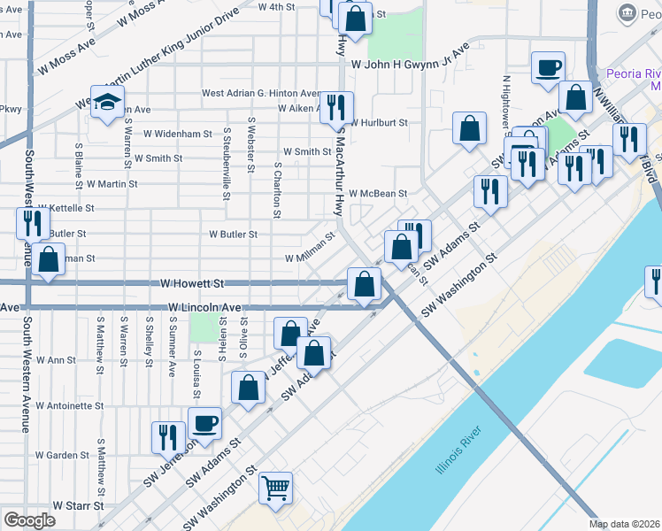 map of restaurants, bars, coffee shops, grocery stores, and more near 922 West Howett Street in Peoria