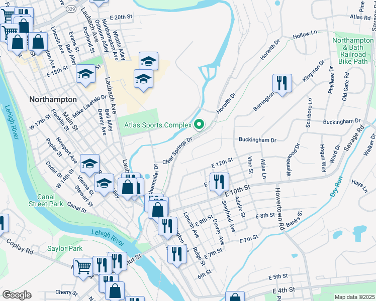map of restaurants, bars, coffee shops, grocery stores, and more near 405 Buckingham Drive in Northampton