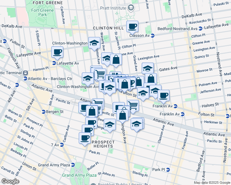 map of restaurants, bars, coffee shops, grocery stores, and more near 900 Fulton Street in Brooklyn