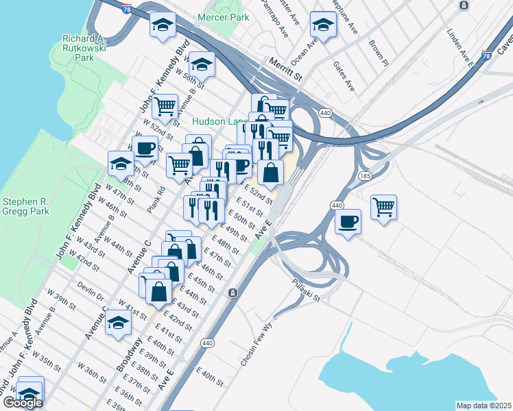 map of restaurants, bars, coffee shops, grocery stores, and more near 36 East 52nd Street in Bayonne