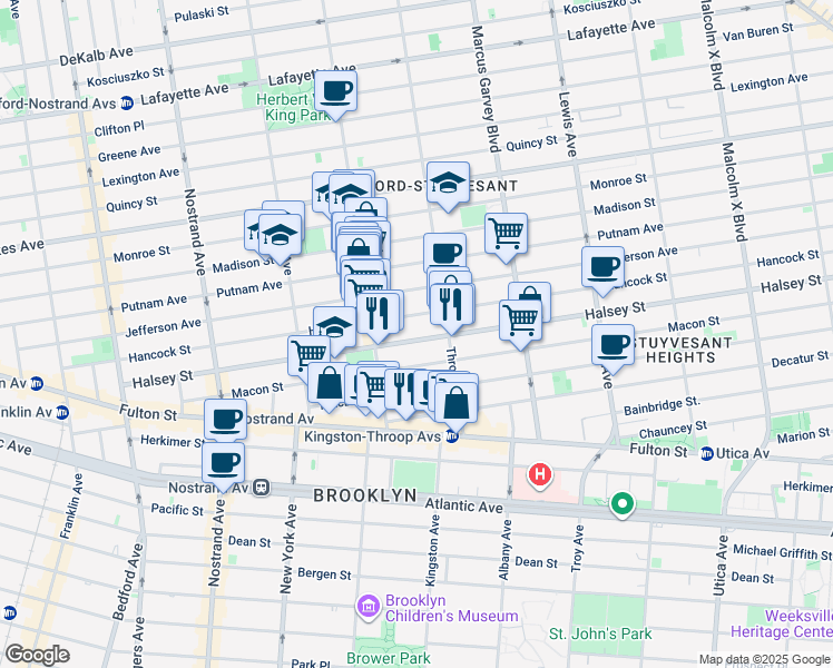 map of restaurants, bars, coffee shops, grocery stores, and more near 275 Halsey Street in Brooklyn