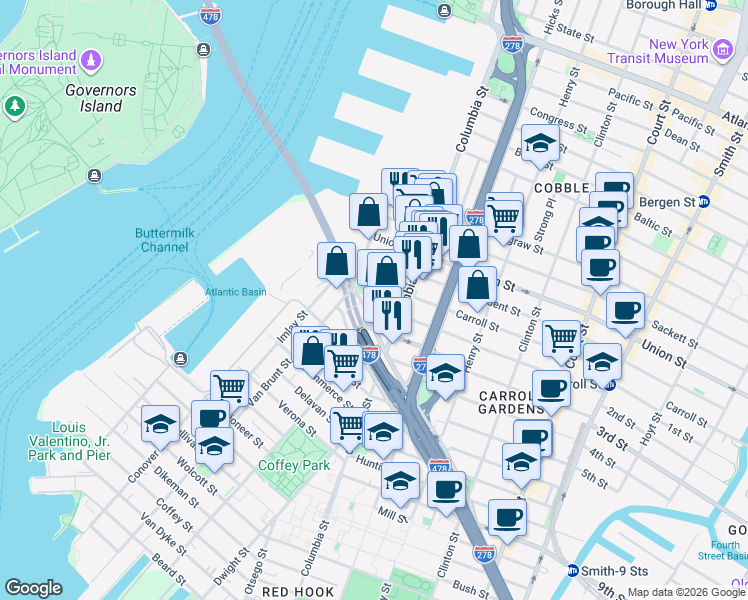 map of restaurants, bars, coffee shops, grocery stores, and more near 100 Hamilton Avenue in Brooklyn