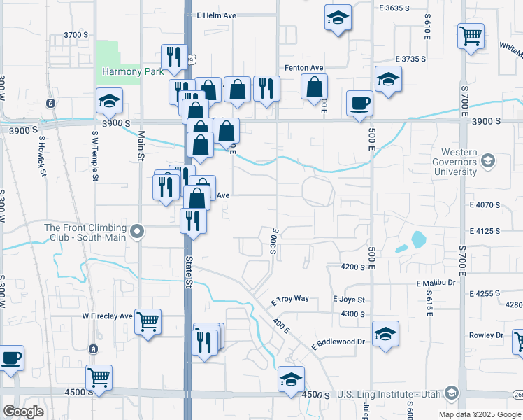 map of restaurants, bars, coffee shops, grocery stores, and more near 4072 South 300 East in Millcreek